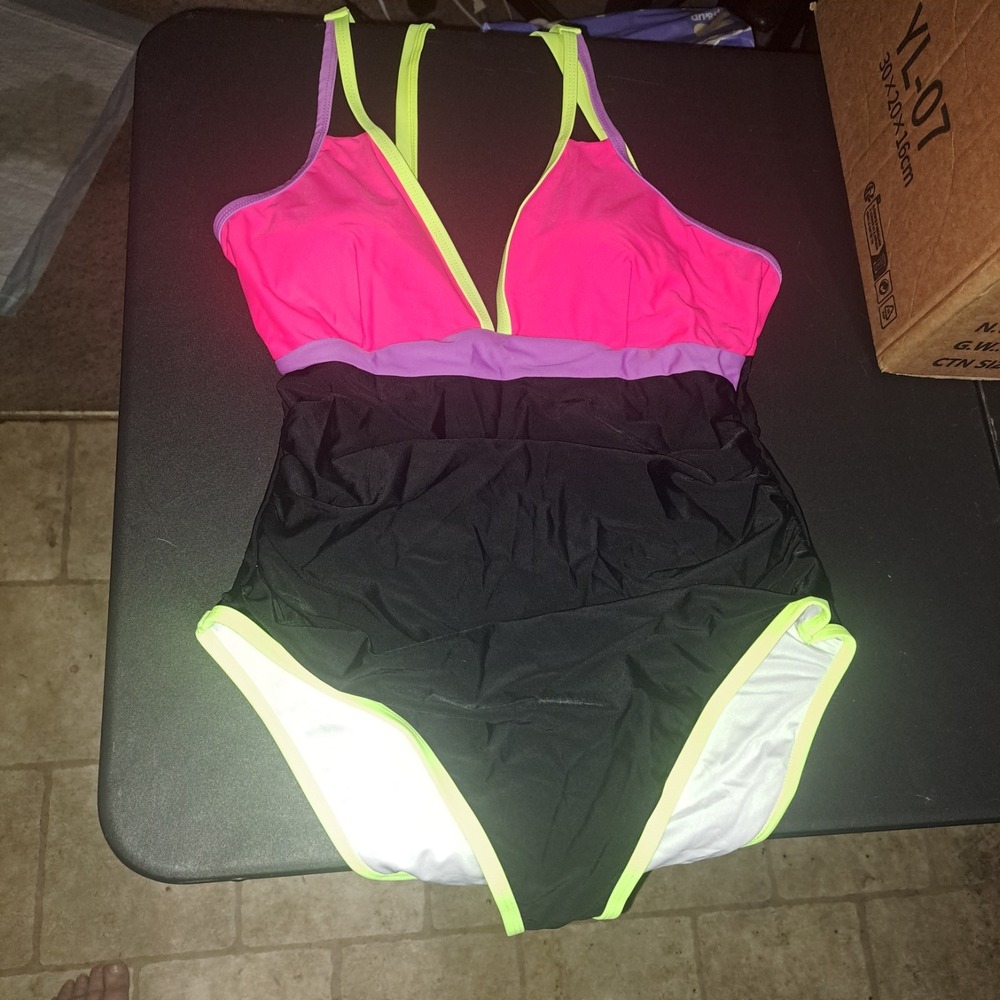Popvil Neon Color Block Bandage Design One Piece Swimsuit Black Size XL